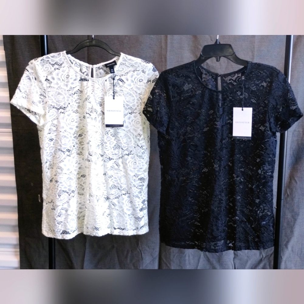 Who What Wear Lace Short Sleeve Top in White and Black